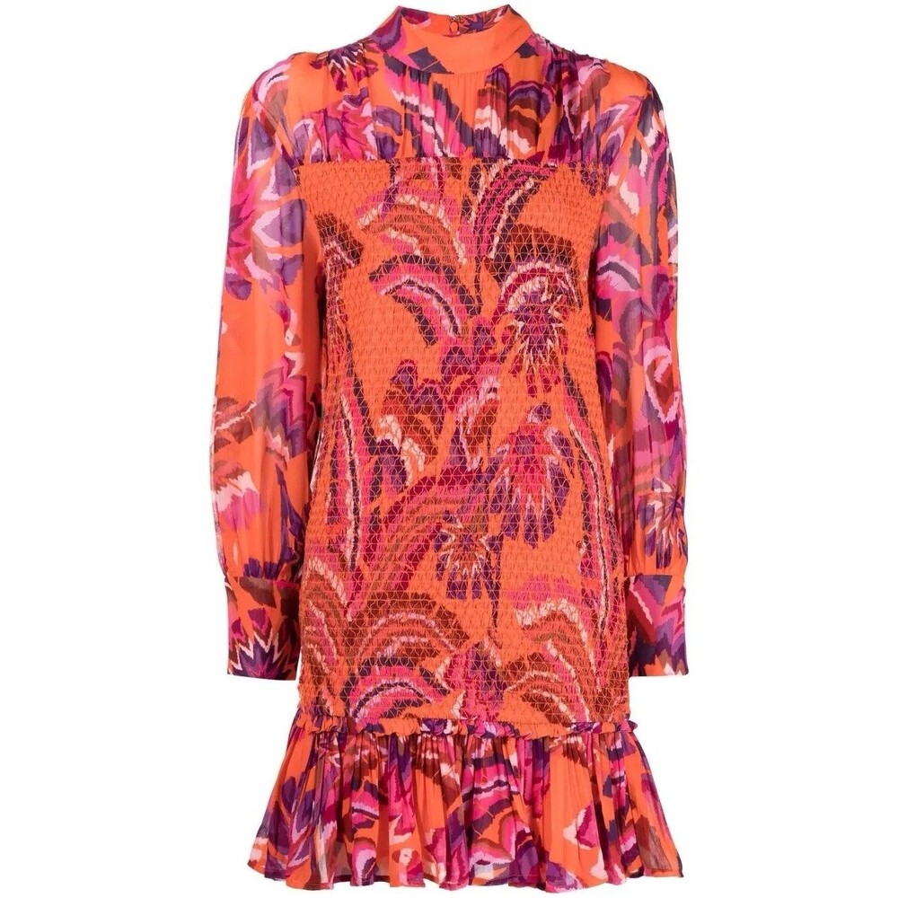 FARM Rio Chevron Forest Smocked Mini Dress Sz L Orange Tropical Sheer Drop Waist